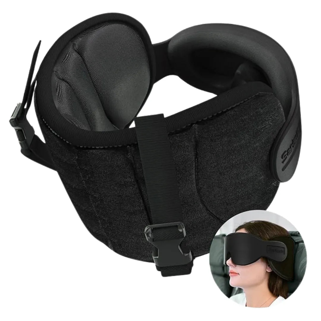 The Tazzi DreamNest offers full 360° head and neck support with an ergonomic design that secures to airplane or car seats. Its soft fabric and firm structure keep your head stable and aligned