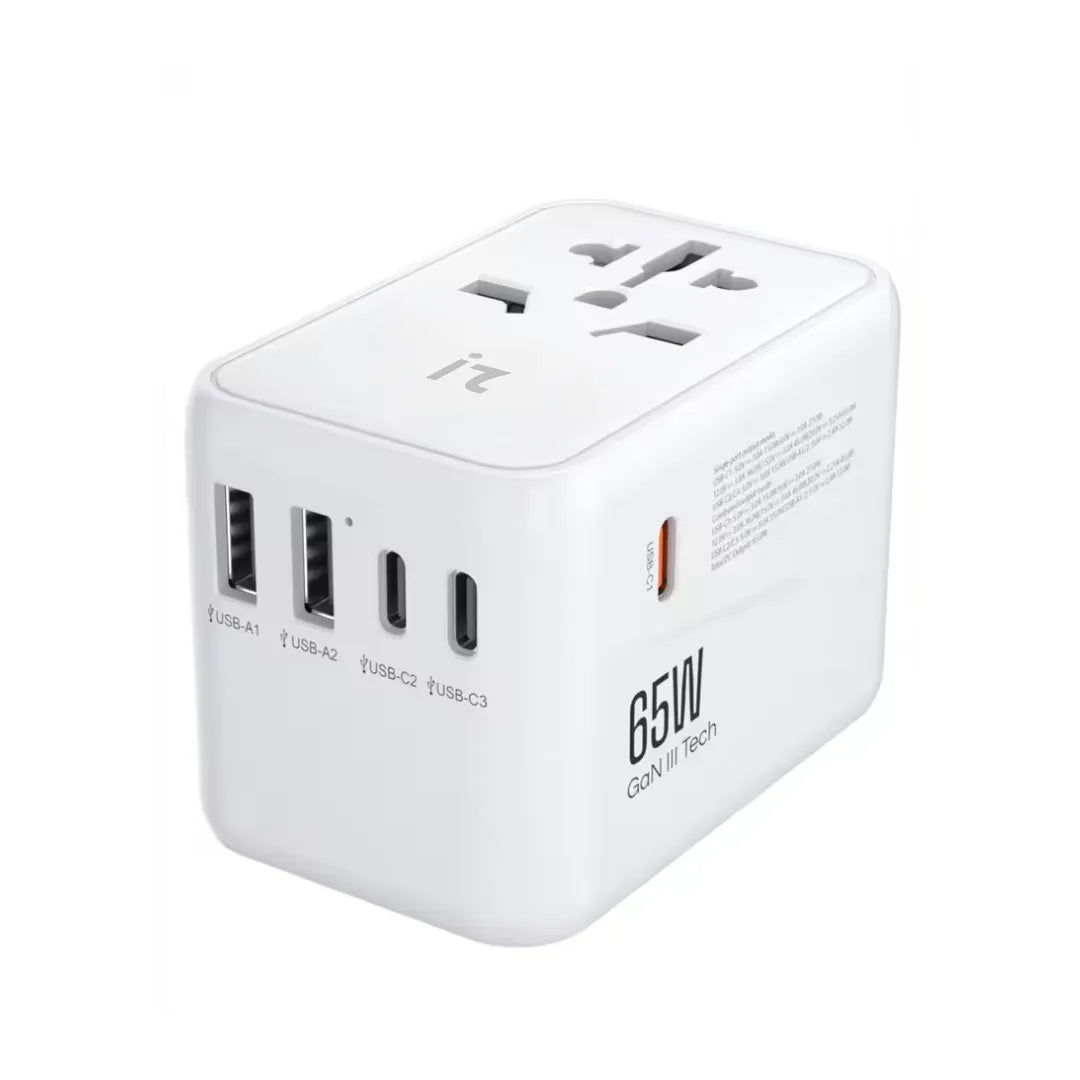 Izzat PowerPort 65 Pro in white – Universal travel adapter with 5 USB ports and 65W GaN III power